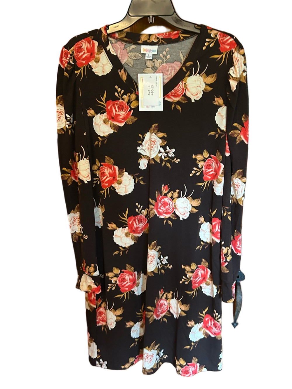 LuLaRoe Black Long Sleeve Top with Red & Cream Rose Print Ava - Large NWT
